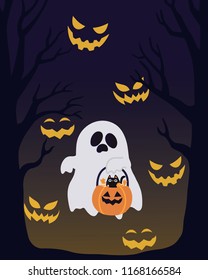 Halloween background. Ghost with cat in scary night. Vector illustration.