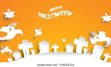 Halloween background with ghost and cemetery gravestone in paper art carving style. banner, poster, Flyer or invitation template party. Vector illustration.
