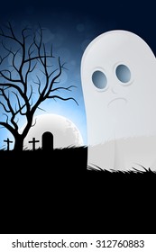 Halloween Background with Ghost and Graveyard in Grass