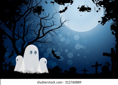 Halloween Background with Ghost and Graveyard in Grass