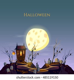 Halloween background ghost house graveyard at night cartoon vector 