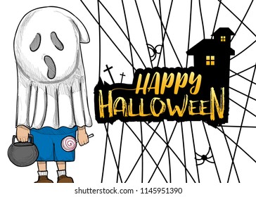 Halloween background with Ghost kid Costume.