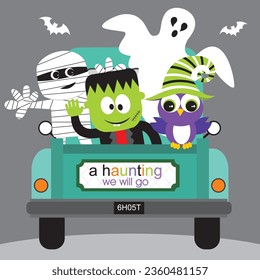 Halloween background with ghost, mummy, frankenstein and owl on the car