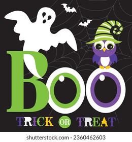 Halloween background with ghost and owl on boo text