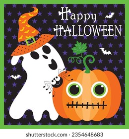 Halloween background with ghost and pumpkin