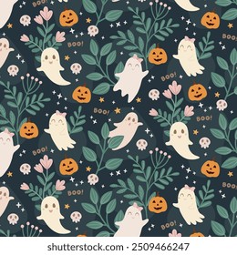 Plano de fundo de Halloween, fantasma, abóbora, fofo, flores, crânio, livro, fundo escuro, papel de parede, impressão, cartão, padrão, estética, cottagecore, retro, textura, assustador, outubro, ilustração vetorial. 