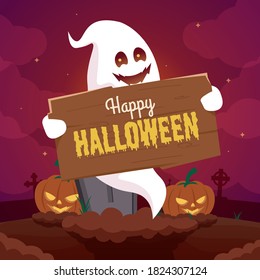 Halloween background with ghost and pumpkin in graveyard