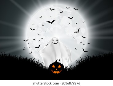 Halloween background with ghost and pumpkin in moonlit landscape