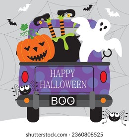 Halloween background with ghost, pumpkin and witch on the car