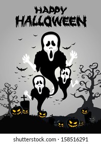 Halloween Background with ghost ,pumpkins in the Grass Bats and Moon in the dark 