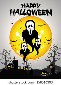 Halloween Background with ghost ,pumpkins in the Grass Bats and Moon in the dark 