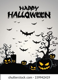 Halloween Background with ghost ,pumpkins in the Grass Bats and Moon in the dark 