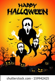 Halloween Background with ghost ,pumpkins in the Grass Bats and Moon in the dark 