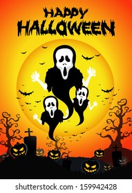 Halloween Background with ghost ,pumpkins in the Grass Bats and Moon in the dark 