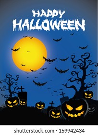Halloween Background with ghost ,pumpkins in the Grass Bats and Moon in the dark 