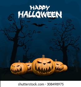 Halloween Background with ghost ,pumpkins in the Grass Bats and Moon in the dark