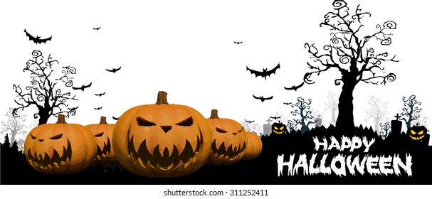 Halloween Background with ghost ,pumpkins in the Grass Bats and Moon in the dark