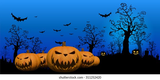 Halloween Background with ghost ,pumpkins in the Grass Bats and Moon in the dark