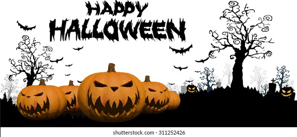 Halloween Background with ghost ,pumpkins in the Grass Bats and Moon in the dark