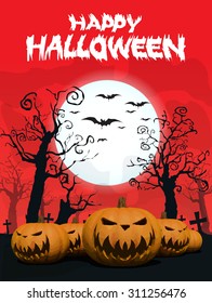 Halloween Background with ghost ,pumpkins in the Grass Bats and Moon in the dark