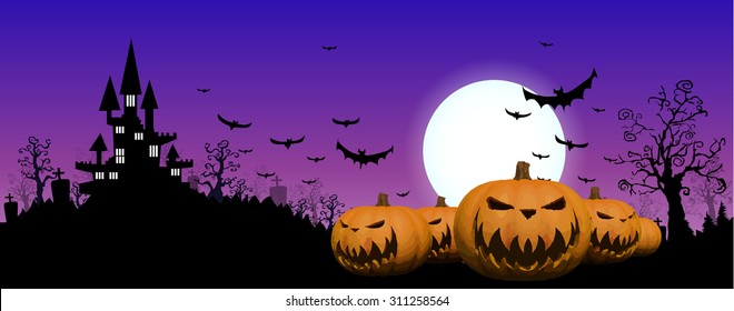 Halloween Background with ghost ,pumpkins in the Grass Bats and Moon in the dark