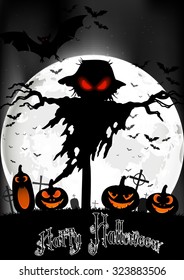 Halloween background with ghost and pumpkins on the full moon. Vector