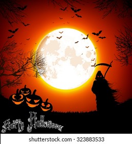 Halloween background with ghost and pumpkins on the full moon. vector