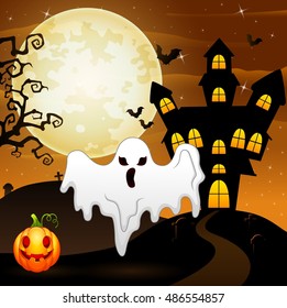Halloween background with ghost and pumpkin.Vector illustration