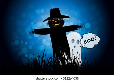 Halloween Background with Ghost and Scarecrow. Landscape.