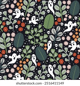 Halloween background, ghost, skull, flower, leaves, foliage, cute, whimsical, cottacgecore, wallpaper, texture, print, fabric, spooky, scary, cute, flat silhouette style, vector illustration. 