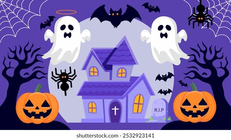 Halloween background with ghost, spider, house and bats. Vector illustration