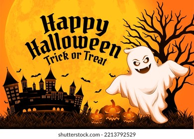 Fondo de Halloween con árbol fantasma vector luna de luna, feliz fondo de halloween para la promoción comercial minorista, banner, afiche, medios sociales, feed, invitación