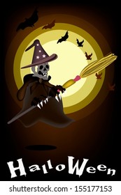 Halloween Background of A Ghost in Witch Costume Flying on Broomstick, for Halloween Celebration 