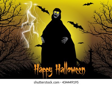 Halloween Background with Ghost,Bats,Dead tree,Thunderbolt,Cross and Graveyard.Vector illustration EPS10