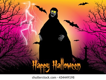 Halloween Background with Ghost,Bats,Dead tree,Thunderbolt,Cross and Graveyard.Vector illustration EPS10