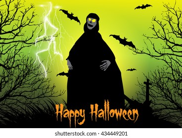 Halloween Background with Ghost,Bats,Dead tree,Thunderbolt,Cross and Graveyard.Vector illustration EPS10