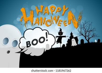 Halloween Background with Ghosts, Haunted House, tree, Cemetery and Scarecrow