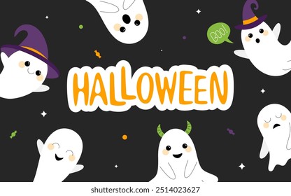 Halloween Hintergrund mit Geistern und Schriftzug. Nette Spooks für die Gestaltung von Karte, Einladung, Flyer, Poster, Banner, Verkauf.