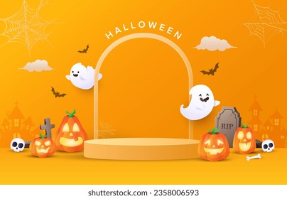 Halloween background with ghosts, pumpkins, castle, skull, graveyard and podium in orange color. Vector illustrations. Halloween festive banner, website, sale banner, poster template. 