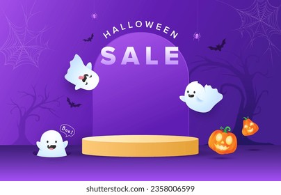 Halloween background with ghosts, pumpkins, forest and podium in purple color. Vector illustrations. Halloween festive banner, website, sale banner, poster template. 