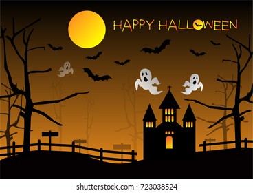 Halloween background with ghosts and a scary house under the full moon, Vector Illustration