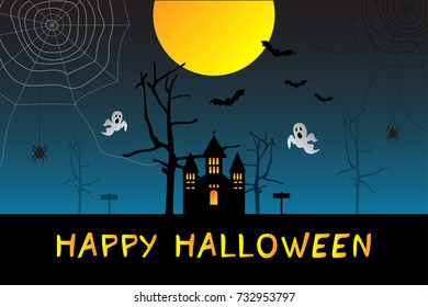 Halloween background with ghosts and a scary house under the full moon, Vector Illustration