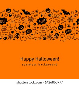 Halloween background with ghosts, skulls, bones, bats, pumpkins, spiders and maple leaves. Black and orange seamless border backdrop. Endless texture for web page background and etc. 