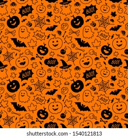 Halloween background with ghosts, skulls, bones, potions, bats, pumpkins, spiders,maple leaves and speech bubbles with boo. Black and orange seamless backdrop. Endless texture for web page background