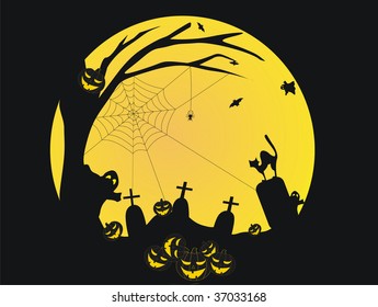  Halloween background with ghosts,cat,bats and pumpkins