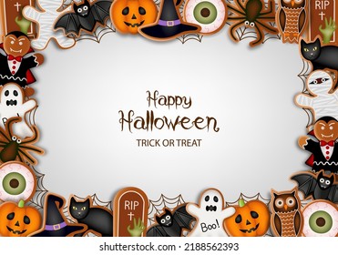 halloween background with gingerbread cookies. halloween frame with cookies