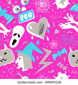 Halloween background, glamour. Holiday vector pink seamless pattern. Witch, eyeball, lightning, lettering, spider, heart. Funny design. Grunge texture for textile, fabric, t-shirts, wallpaper.