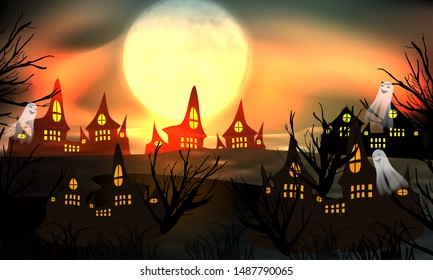 Halloween background glow. Full moon over old town haunted houses. Ghosts fly in a terrible night. Vector illustration.