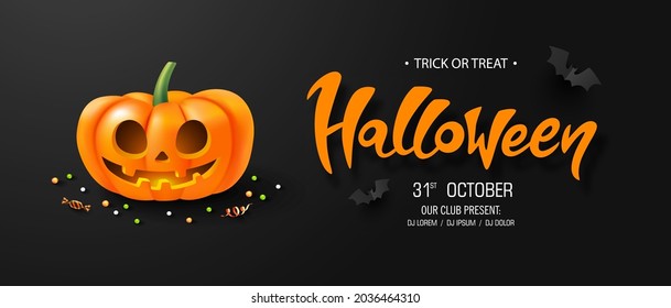 Halloween background with glowing pumpkin and bats.Flyer or invitation template for Halloween party. Vector illustration.