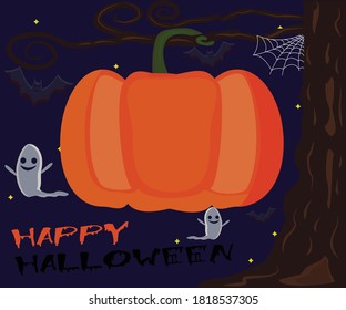 Halloween Background - Gnarled tree with big Pumpkin, flying bats and a ghosts